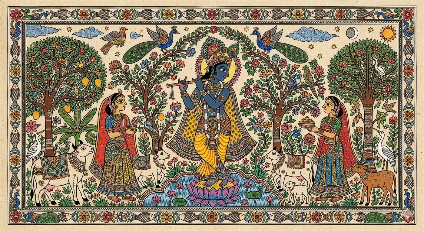 Madhubani Vrindavan Krishna 1 by ArtSoul